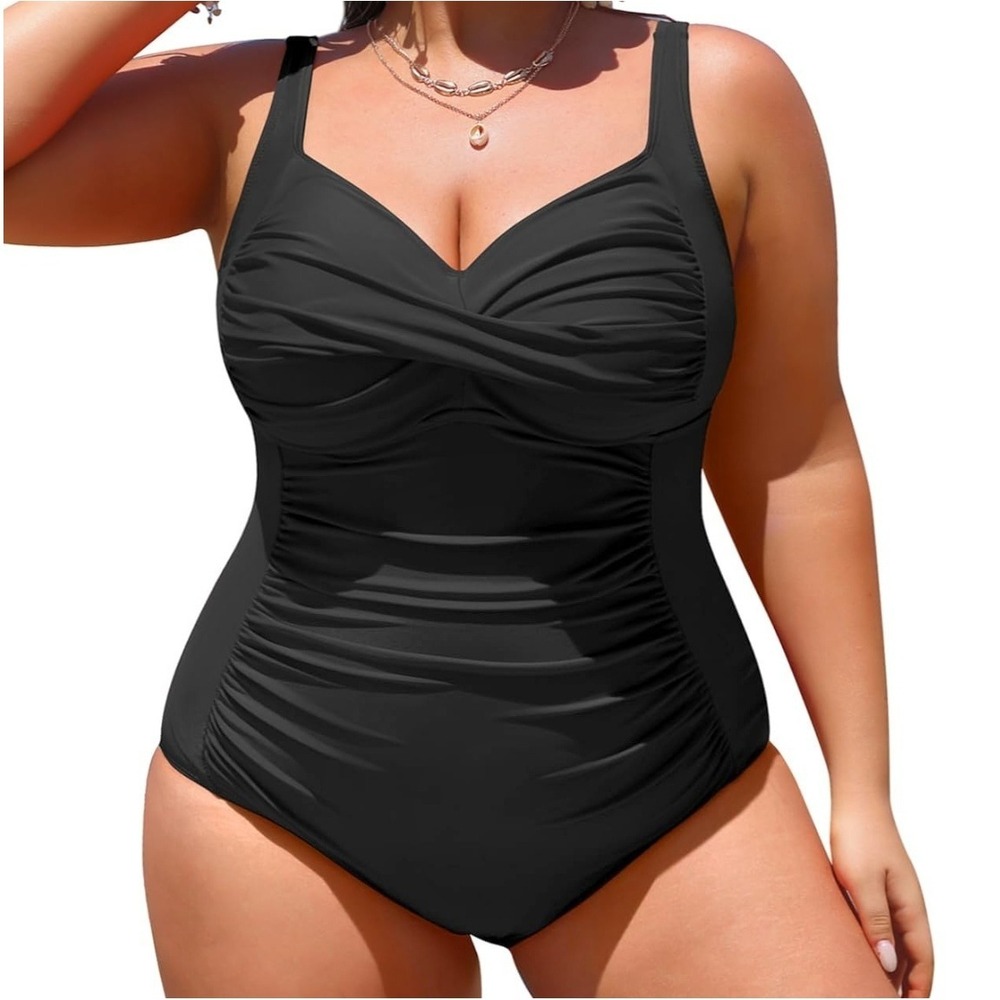 Yonique Black One Piece Swimsuit Tummy Control Ruched Plus Size 18W NEW NWT